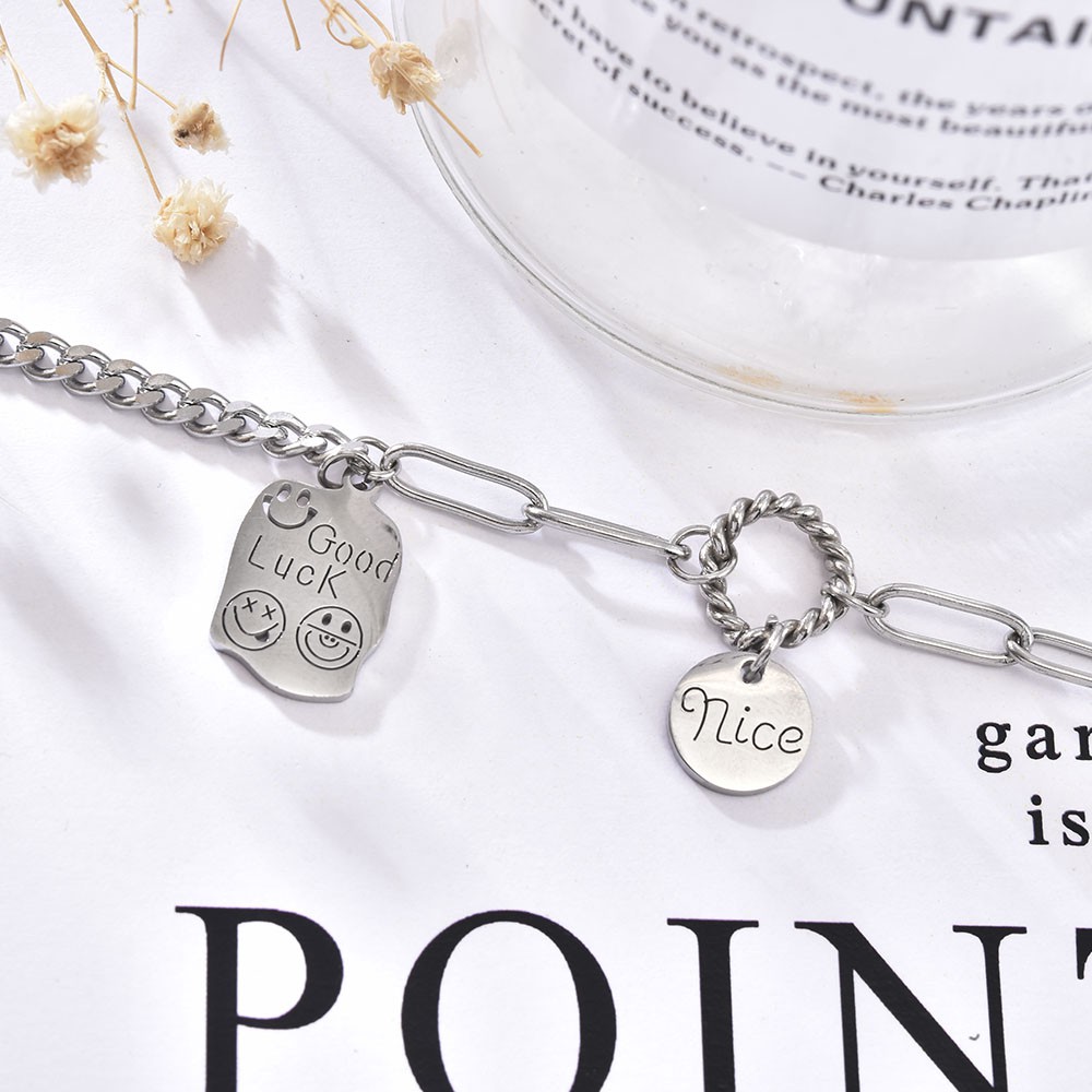 Cod Qipin Simple Ins Bangle Lovely Smiling Face Tide Round Letter Pendant Bracelet Couple Jewelry