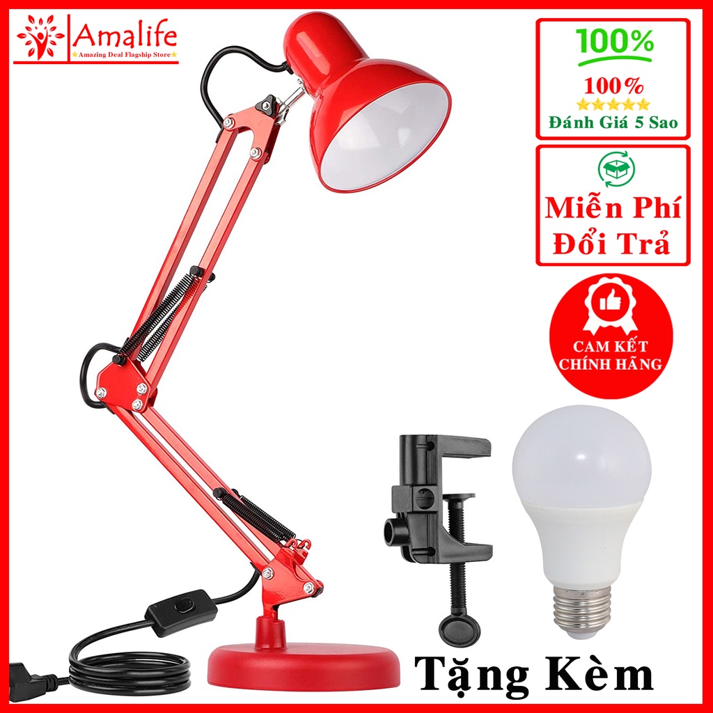 [Màu Đỏ] Đèn Học Kẹp Bàn Pixar - Đèn Đọc Sách, Làm Việc Chống Cận Thị Bảo Vệ Mắt -Tặng Kẹp Bàn Kèm Bóng Đèn Hãng Amalife