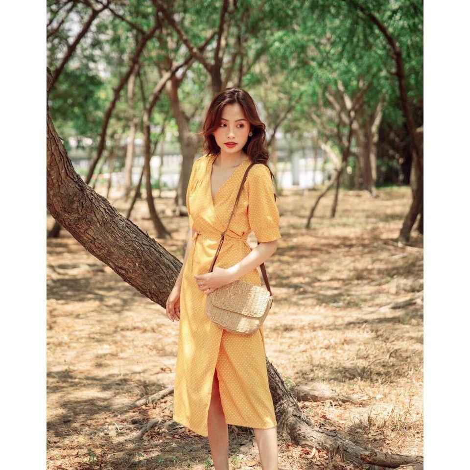 Váy kimono vàng chấm mi (ảnh thật mẫu chụp kèm feedback khách hàng)