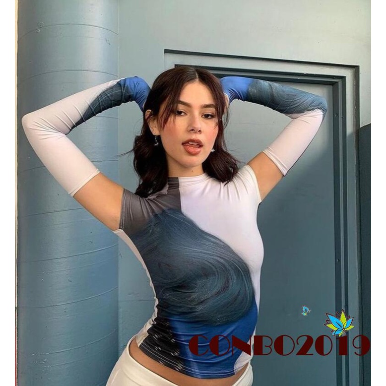 Áo Thun Lửng Tay Ngắn In Họa Tiết Trừu Tượng Thời Trang Cho Nữ