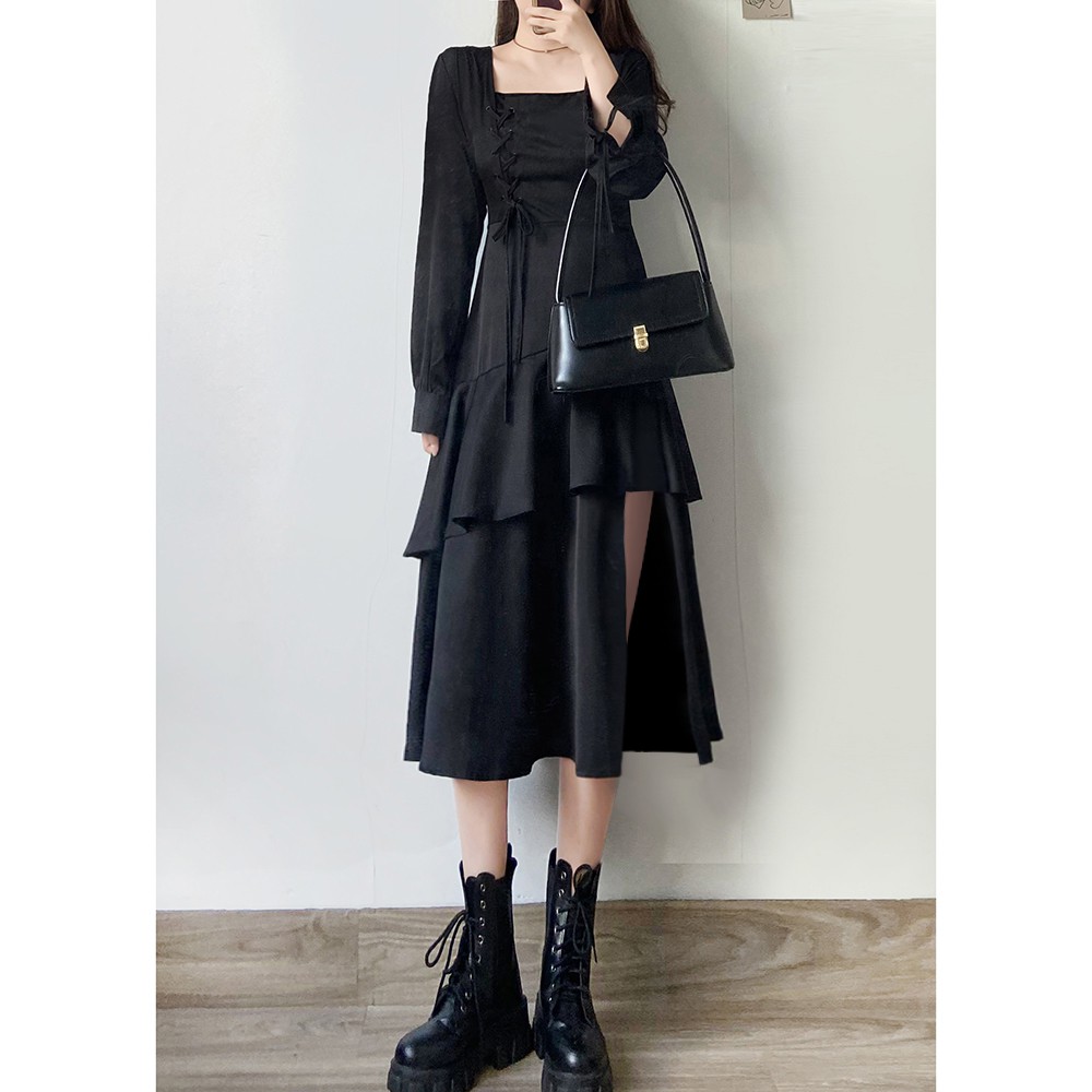 Đầm đen đan dây black gothic vạt lệch siêu cá tính style HQ