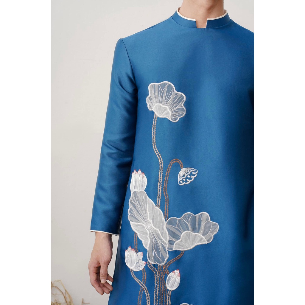Áo dài cách tân nam họa tiết hoa sen thêu tay cao cấp, áo may form 2 lớp tay vest
