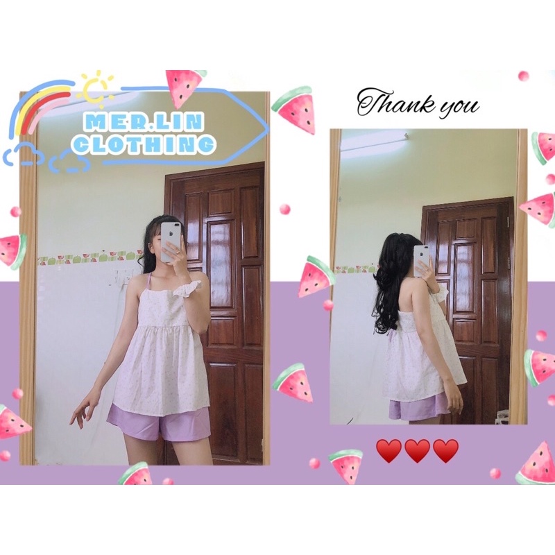 Đồ Bộ Nữ 👚Đồ Bộ Nữ mặc nhà hai dây buộc nơ hoạ tiết hoa nhí - quần ngắn mã QA02 | BigBuy360 - bigbuy360.vn