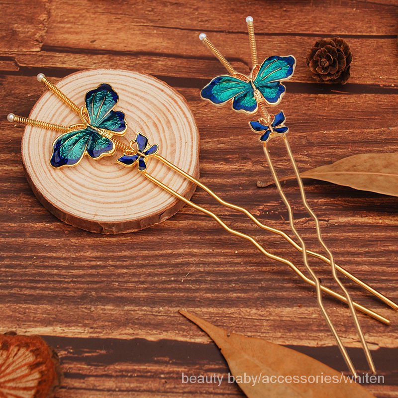 Cặp trâm cài tóc đính hạt hình bướm màu xanh dương phong cách Trung Hoa linh hoạt cổ điển thời trang mùa xuân