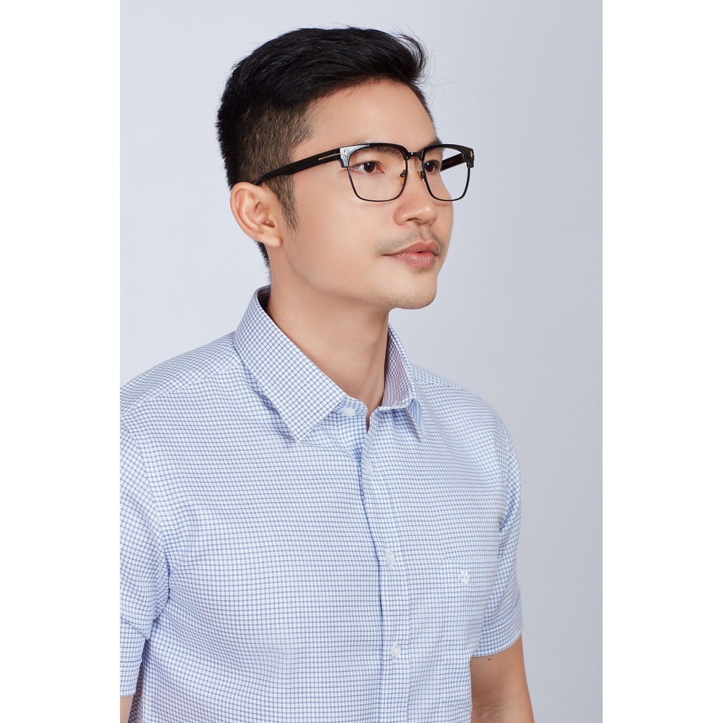 Áo sơ mi nam mattana Regular ngắn tay ca rô trắng sọc xanh MAM29190018102351