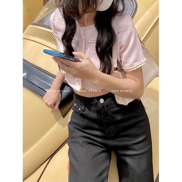 Set váy bố mềm hồng pastel áo croptop và chân váy xếp ly