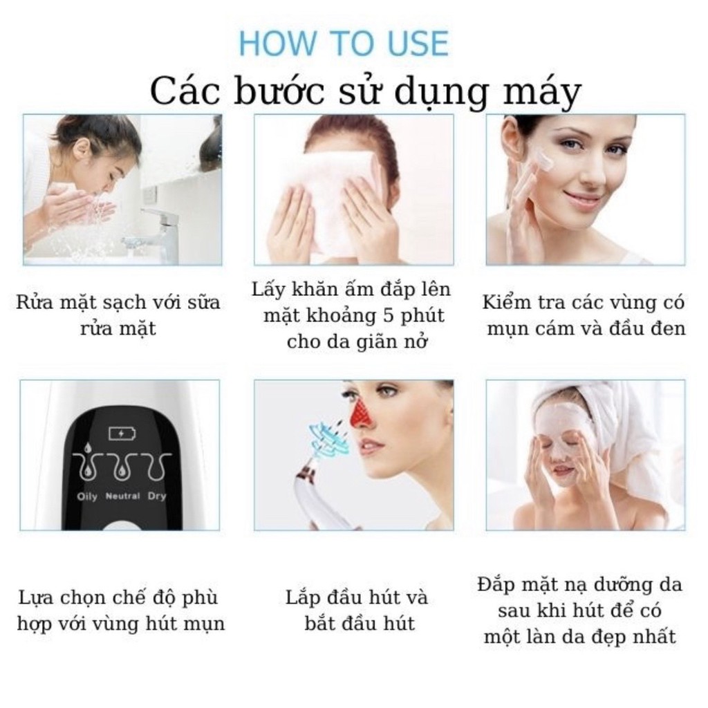 [Freeship] Máy Hút Mụn, Máy Hút Mụn Đầu Đen, Cám Bọc Cầm Tay Mini Sạc Pin Cao Cấp Blackhead 3 chế độ 6 đầu hút