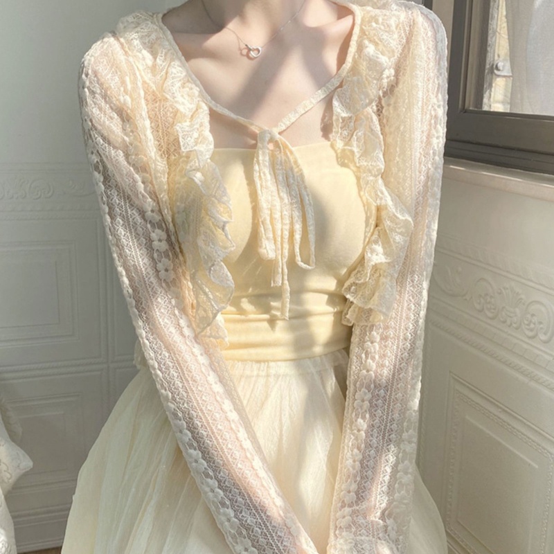 Áo Khoác Cardigan Ren Hoa Dài Tay Phối Bèo Xinh Xắn Dành Cho Nữ