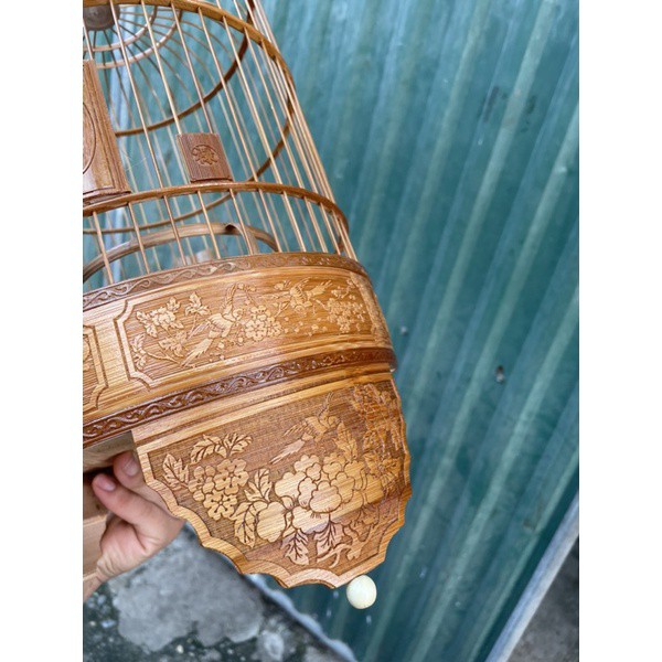 Lồng Chim Khuyên Đục Bằng Tre Già Đẹp Kèm Phụ Kiện Cao Cấp, Lồng Khuyên Đục Chạm Hoa Văn