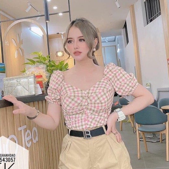 Áo kẻ tay bồng khuy nhún ngực nhiều màu sắc