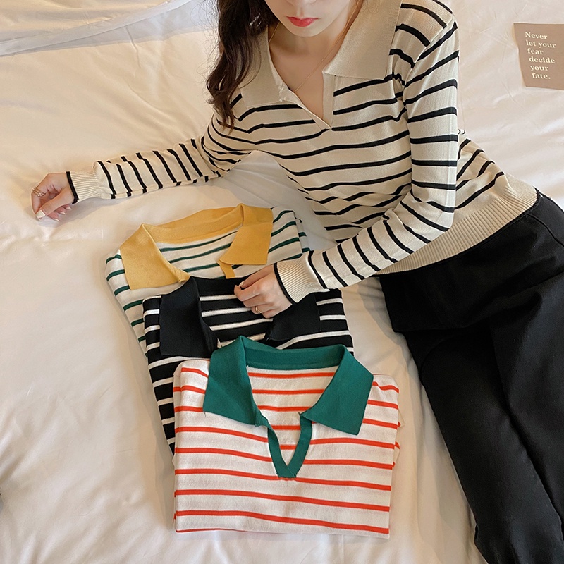 Áo thun IELGY cổ polo tay dài in sọc thời trang cho nữ