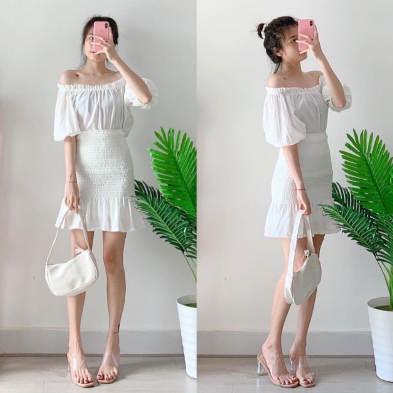 Sét áo bẹt vai xếp ly ngực + chân váy trắng nhún đuôi cá cực xinh