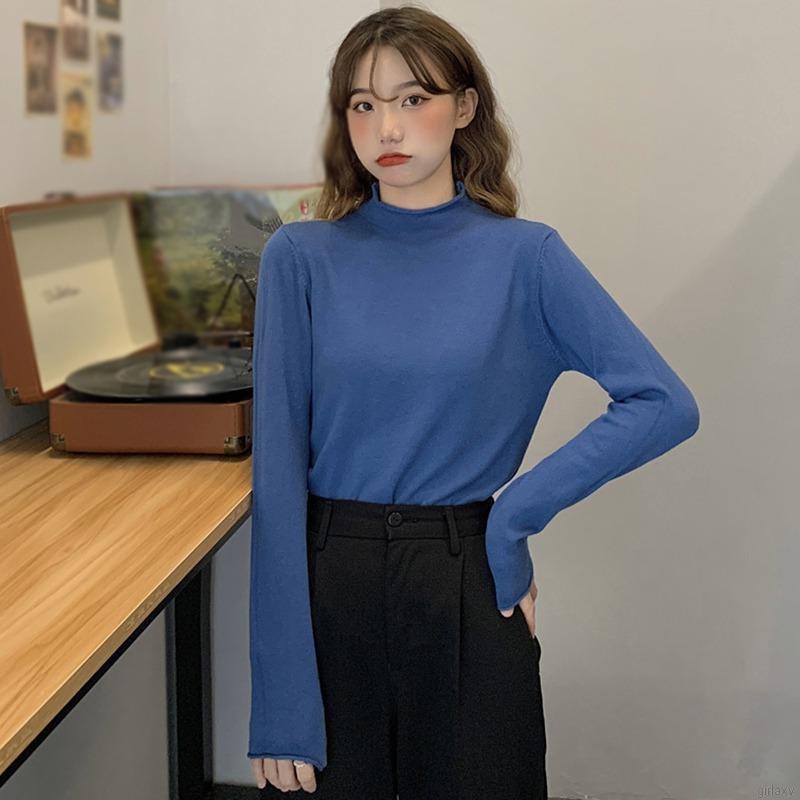 Áo thun tay dài cổ lọ màu trơn đơn giản thời trang hàn quốc cho nữ