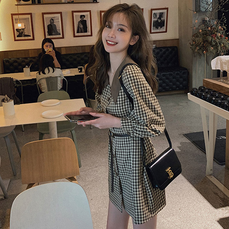 Đầm Nữ Ca Rô Dài Tay Cổ Bẻ Eo Thắt Nơ Thời Trang