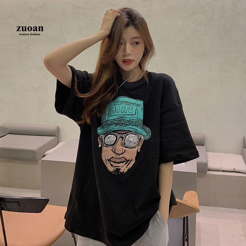 SUXI Áo sơ mi in chân dung cổ điển dài vừa phải tay lửng thời trang