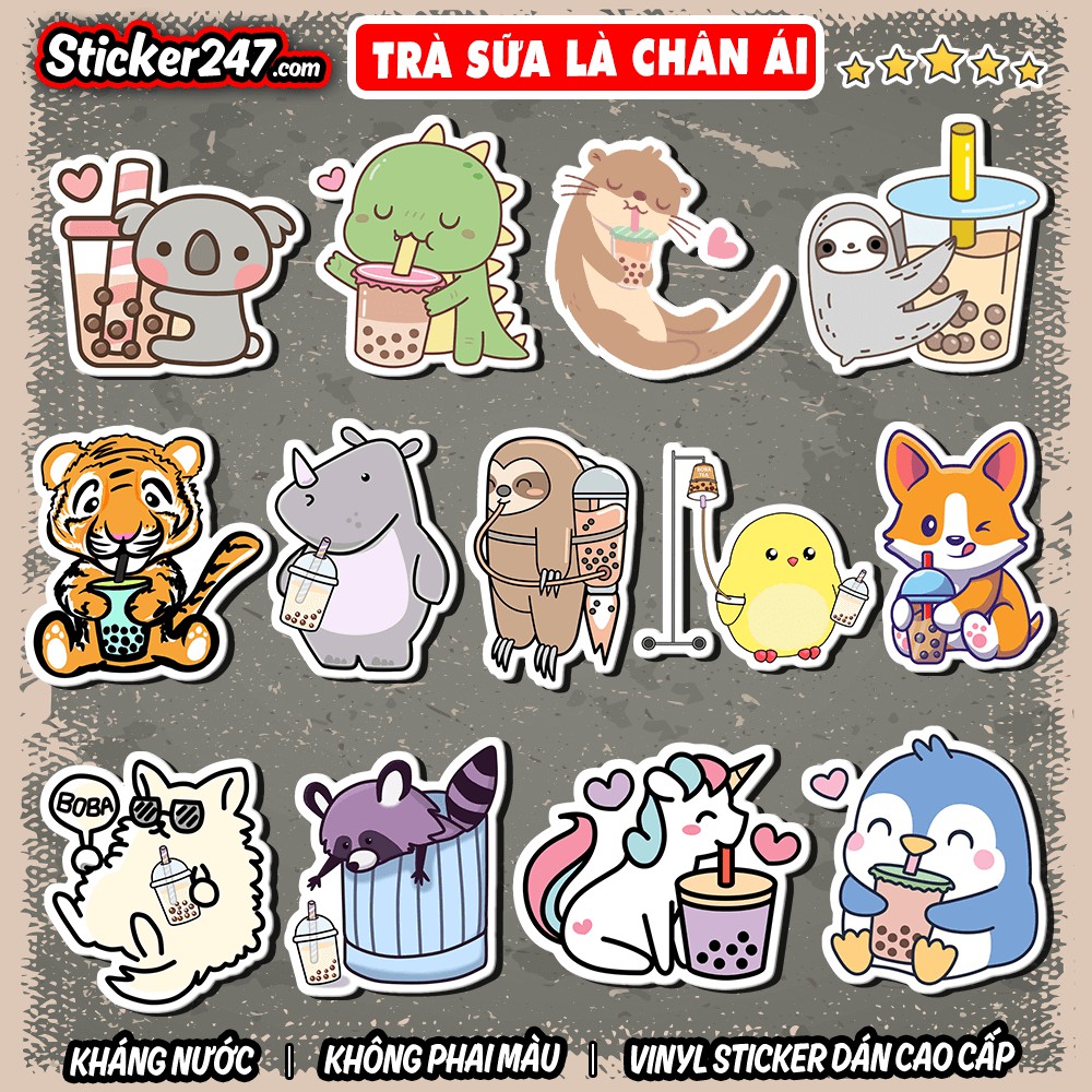 Sticker Cute Animal Uống Trà Sữa 𝑭𝒓𝒆𝒆𝒔𝒉𝒊𝒑 Decal Chống Thấm Nước, Sticker Dán Mũ Bảo Hiểm, Dán Vali, Laptop, Đàn Guitar