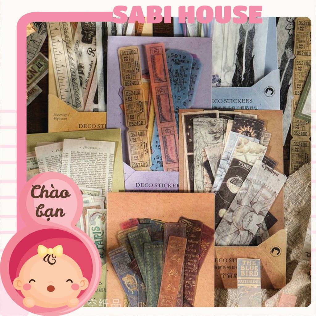 Bộ 40 Sticker vintage trang trí sổ bullet journal retro cổ điển tem dán- Poem excerpt