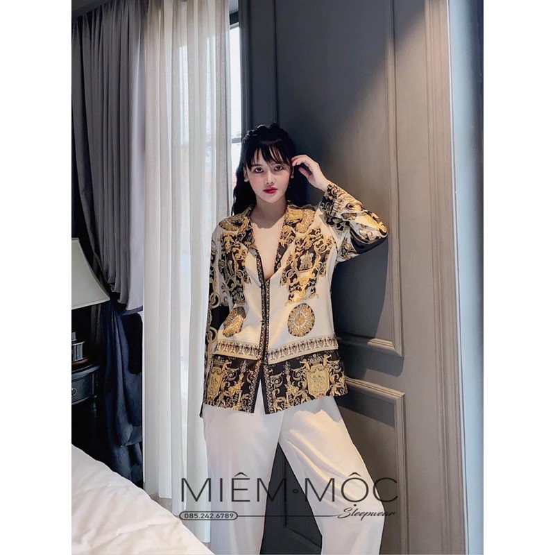BỘ PIJAMA LỤA DÀI VỜ SÁC QUẦN TRẮNG SIÊU SANG