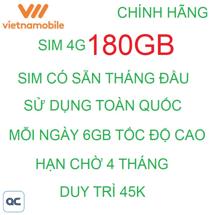 Sim 4G 180GB vietnamobile có sẵn tháng đầu sử dụng toàn quốc