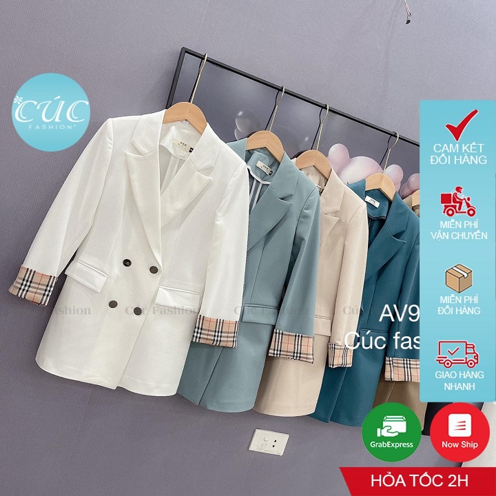 Áo blazer nữ CÚC FASHION áo khoác dáng dài thời trang Hàn Quốc tay ngắn đẹp đen trắng vest 2022 tay phối kẻ caro AV97 | BigBuy360 - bigbuy360.vn