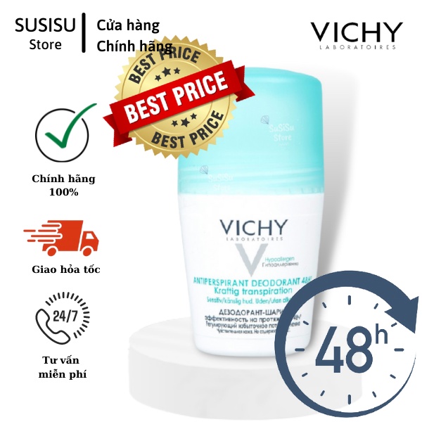 Lăn nách nữ Vichy 50ml không cồn Antiperspirant Deodorant khử mùi suốt 48h