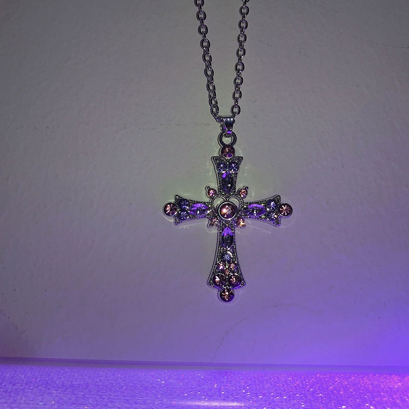 Vòng Cổ Dây Xích Mặt Thánh Giá Màu Hồng / Tím Đính Đá Zircon Y2K Phong Cách Gothic Punk Mới Cho Nữ
