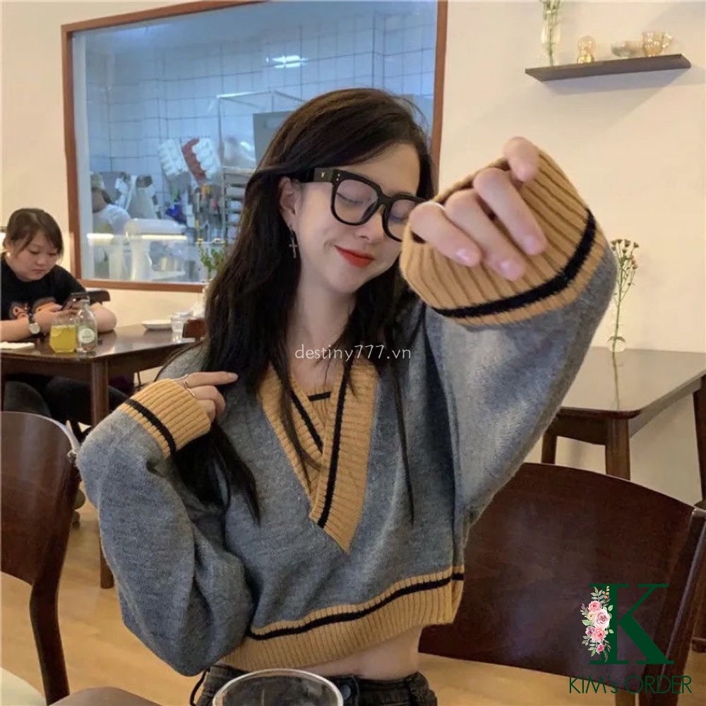 Áo len croptop tay dài cổ chữ V phong cách Hàn Quốc cho nữ