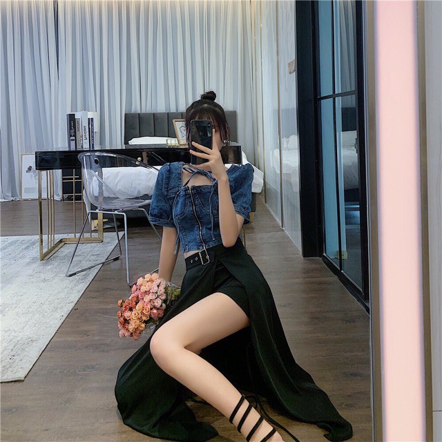 Chân váy xẻ đùi phối quần short và đai hot-011