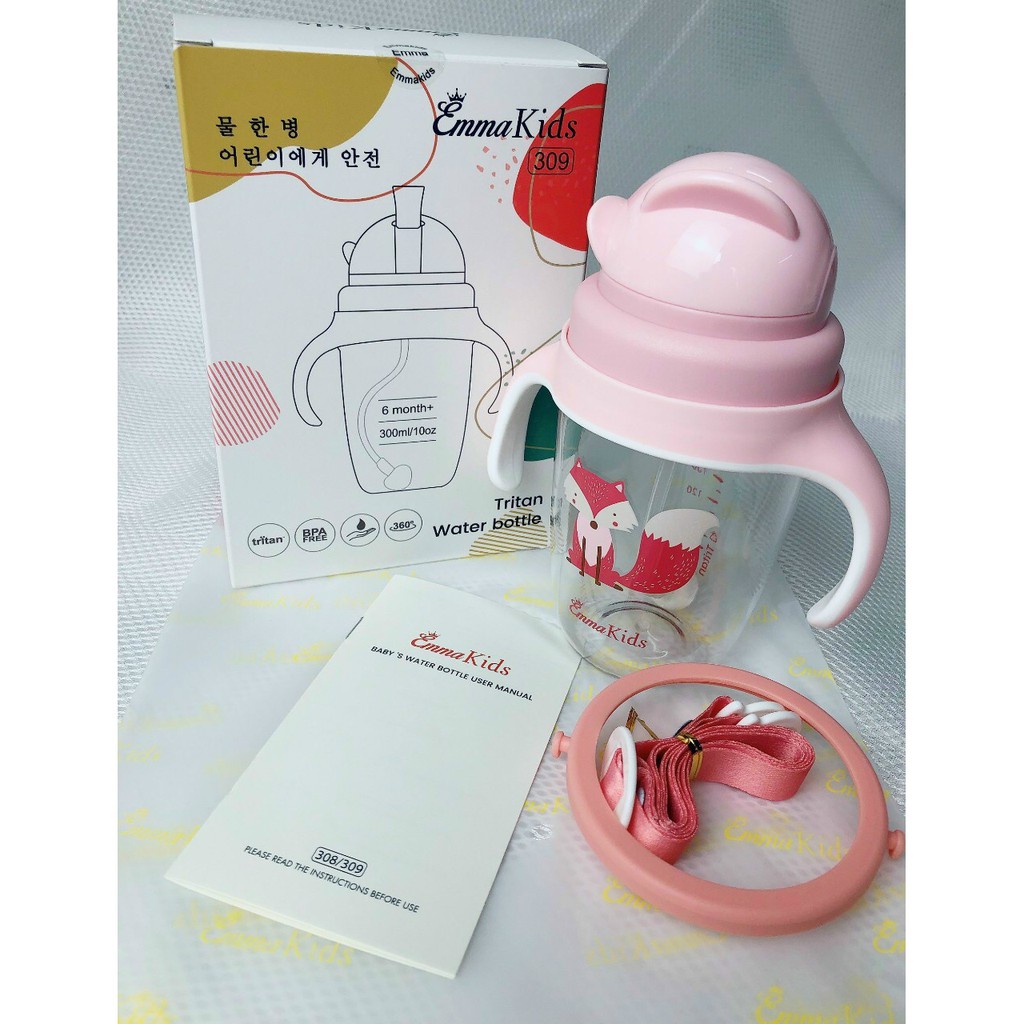 Bình Tập Uống Nước Có Tay Cầm Và Quai Đeo 240ml,300ml Chống Sặc Emma Kids cho Bé