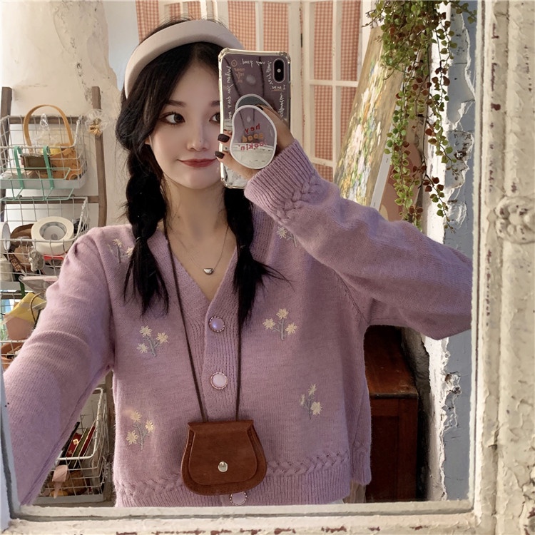 Áo Cardigan Dệt Kim Tay Dài Thêu Họa Tiết Phong Cách Hàn Quốc Dễ Phối Đồ