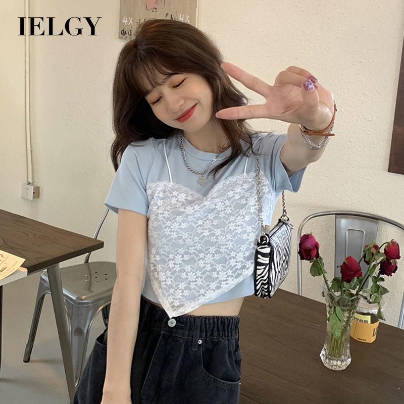 Áo thun IELGY tay ngắn cổ tròn phối lớp ngoài phong cách độc đáo dành cho nữ