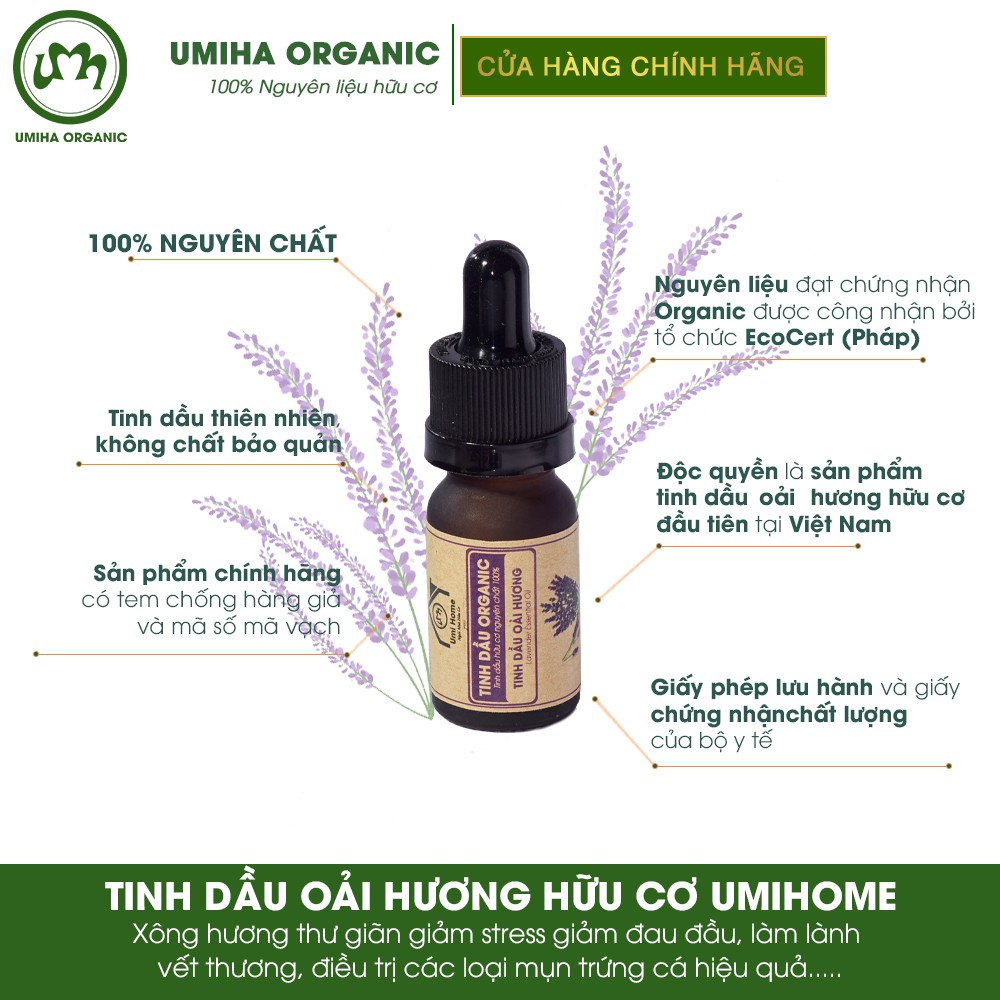 Combo 3 lọ Tinh Dầu UMIHA gồm - Oải Hương, Hoắc Hương, Sả Chanh (10mlx3) - Hữu cơ nguyên chất