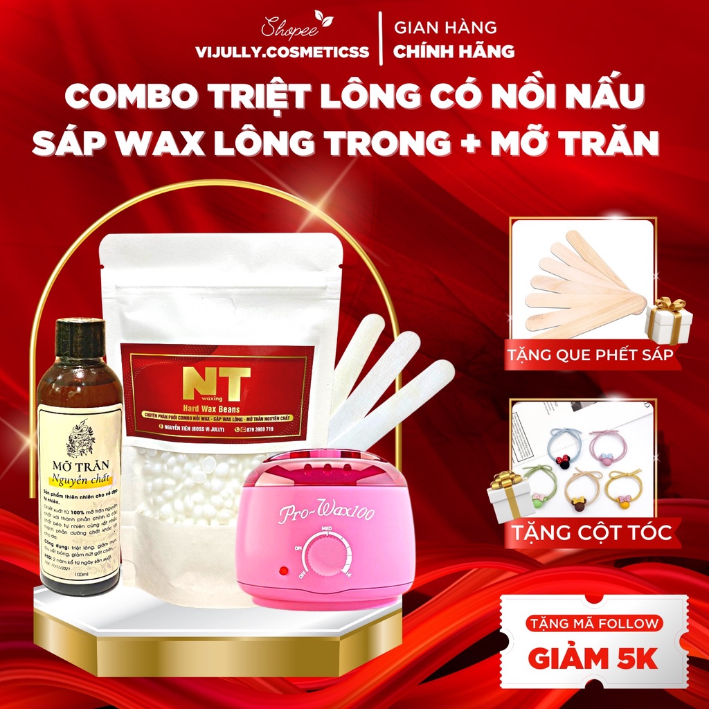 Combo triệt lông sáp wax nóng wax lông, nồi nấu sáp và mỡ trăn nguyên chất 100ml