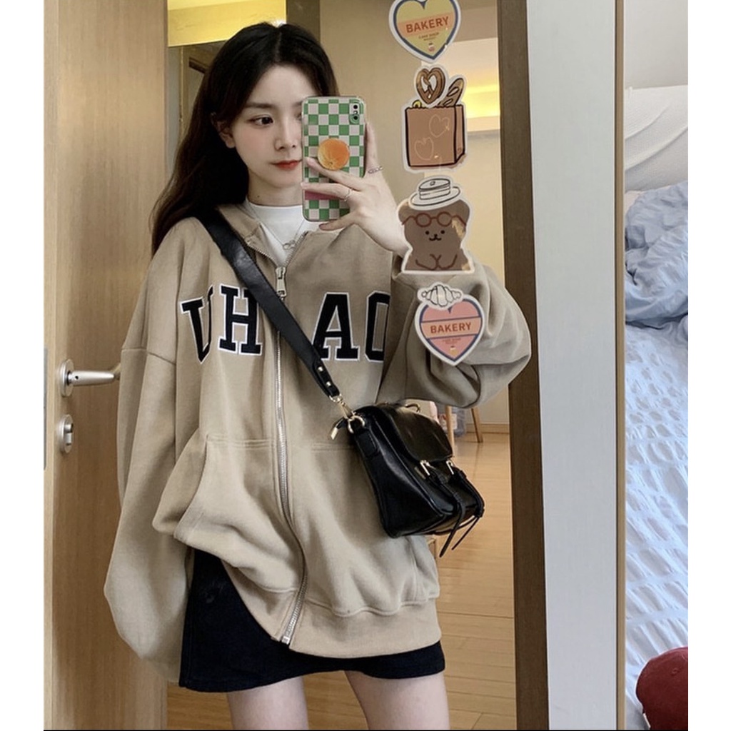 Áo Khoác Nỉ Ngoại Thêu Chữ Oahu - Áo Hoodie zip form rộng tay bồng - Áo thu đông vintage hàn quốc