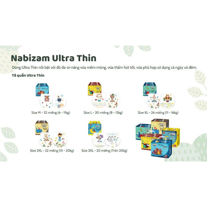 Bỉm Nabizam Ultra Thin/Magic Soft dán/quần S44/M40/L36 M32/L30/XL26/XXL22/XXXL20