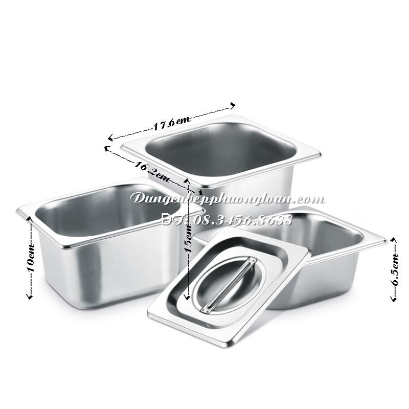 Khay đựng thực phẩm, đựng thạch Topping inox 1/6 có nắp