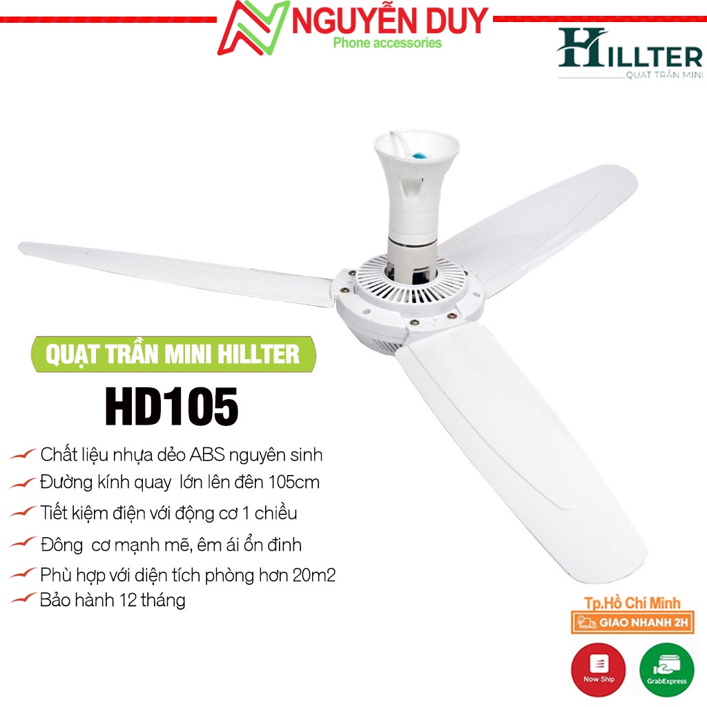 Quạt trần mini cỡ đại 3 cánh đường kính 105cm-Mát mẻ, êm ái- HD105 -Chính hãng Hillter