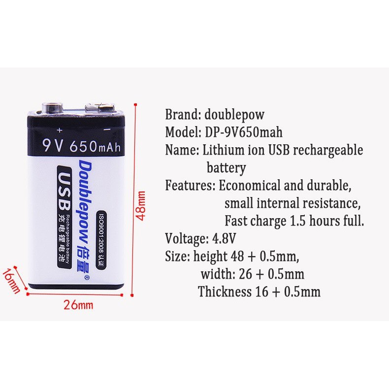 Pin sạc DoublePow 9v 650mAh - 6F22