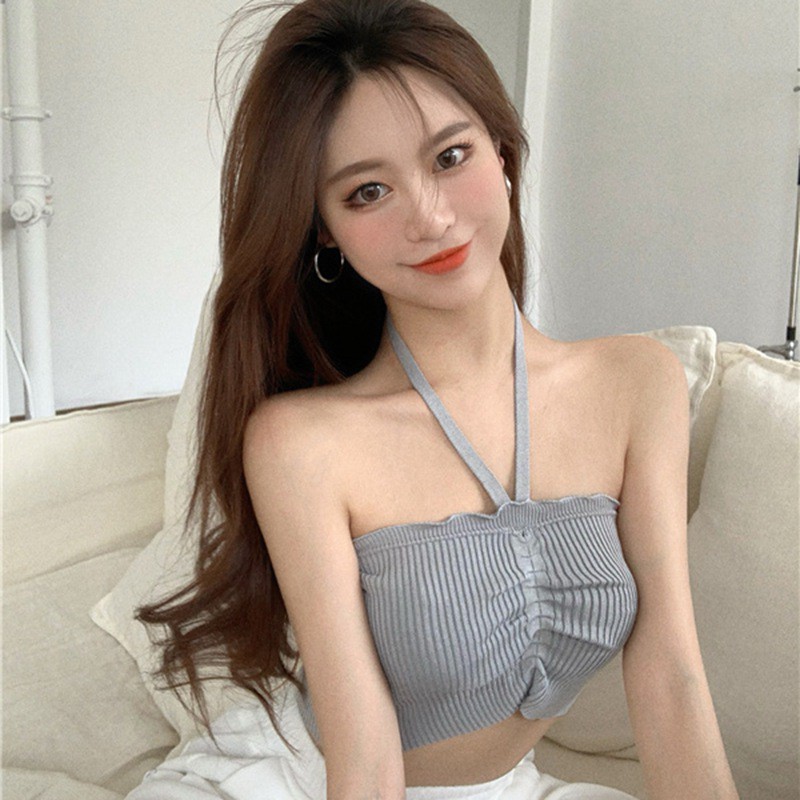 Áo croptop dệt kim trễ vai màu trơn phong cách gợi cảm
