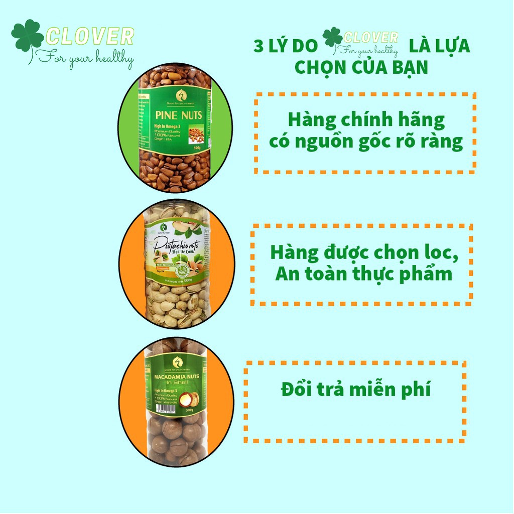 Mix Nuts hỗn hợp 6 loại hạt sấy khô gồm macca hạnh nhân óc chó hạt thông dẻ cười hồ đào hộp 500gr Clovershop