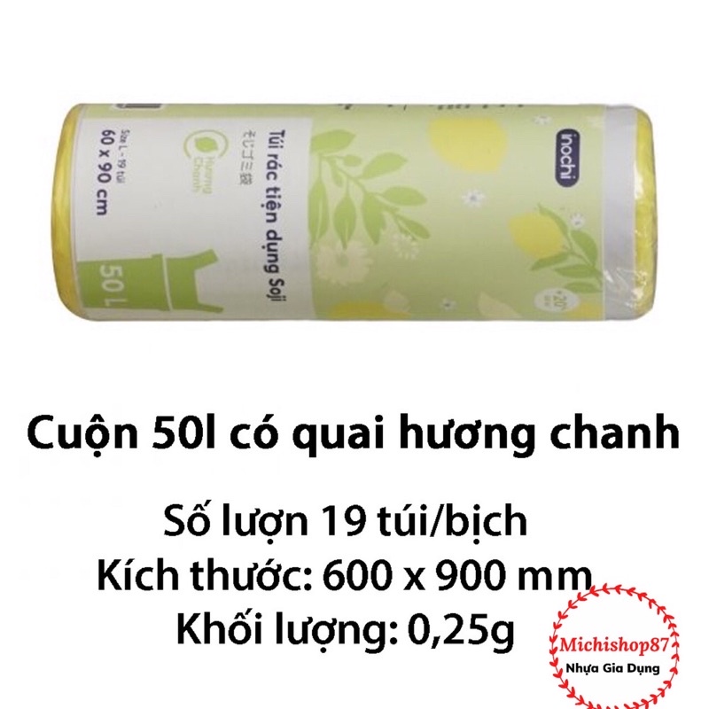 Túi Đựng Rác Sinh Học Tự Hủy Inochi, Túi Rác Hương Chanh, Hương Lavender Có Quai Tiện Dụng, Dạng Cuộn Loại 10L 25L 50L