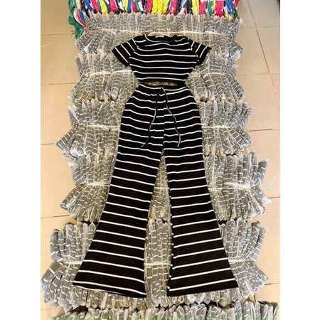 Set thun quần ống loe sọc ngang - áo thun croptop tay ngắn kẻ sọc - set quần ống loe dài kèm ảnh thật