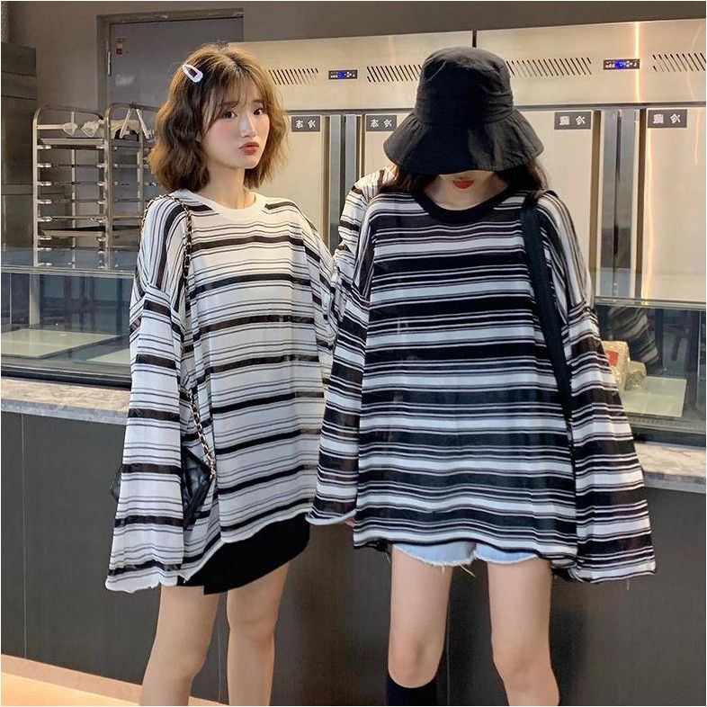 Áo Thun Tay Dài Dáng Rộng Kẻ Sọc Ngang Trẻ Trung Hợp Thời Trang Cho Bạn Gái