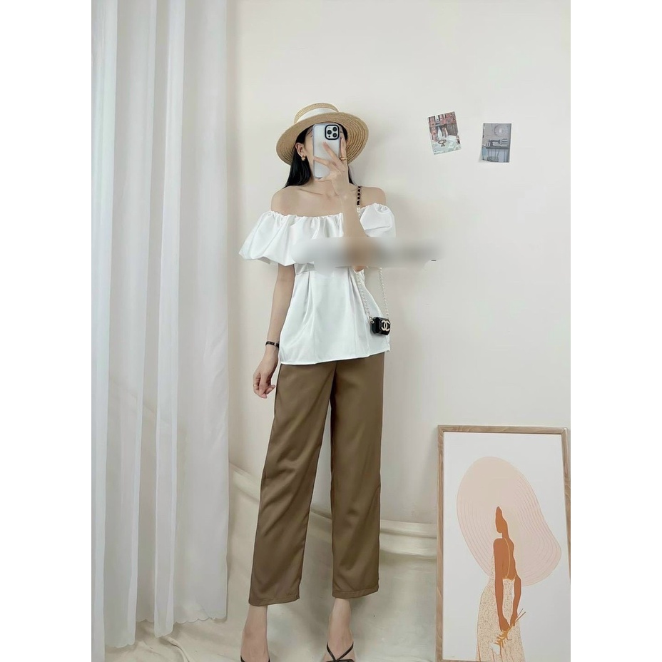 Set áo trễ vai trắng quần baggy nâu tây đồ bộ nữ công sở NN510