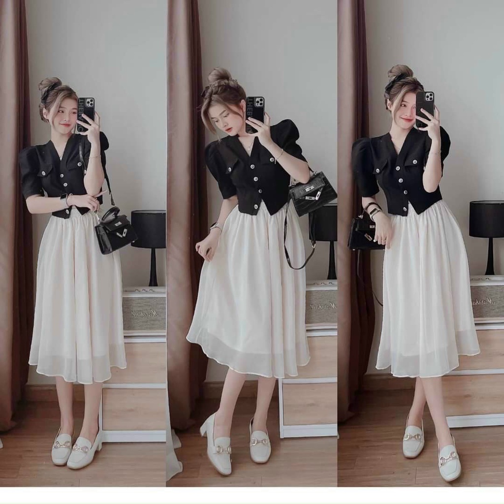 Set áo cổ tim tay phồng cài nút và chân váy xòe xinh xắn