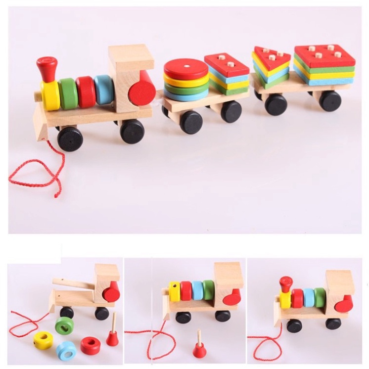 Đồ chơi lắp ghép Đoàn Xe tàu hỏa thả hình khối bằng gỗ, Đồ chơi thông minh bằng gỗ cho trẻ từ 2-6 tuổi TRITUEVIET