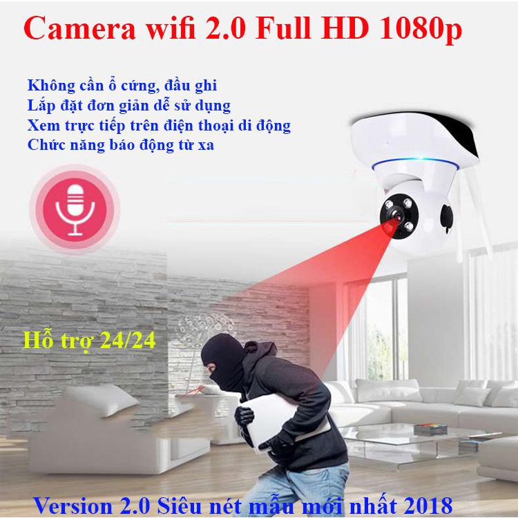 Camera quan sát, giám sát, 360 độ - wifi không dây 2.0 1920x1080p - Mẫu mới nhất 2021 + Tặng kèm dây điện 5 mét