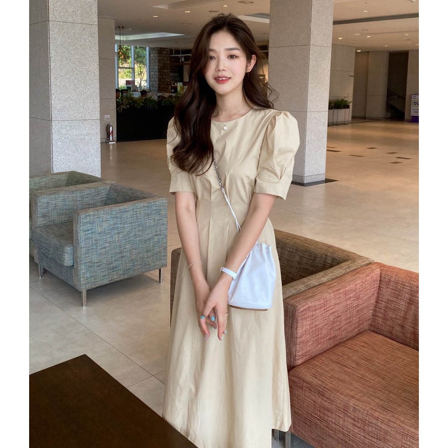 Đầm tay phồng cổ tròn màu trơn xinh xắn cho nữ 42997