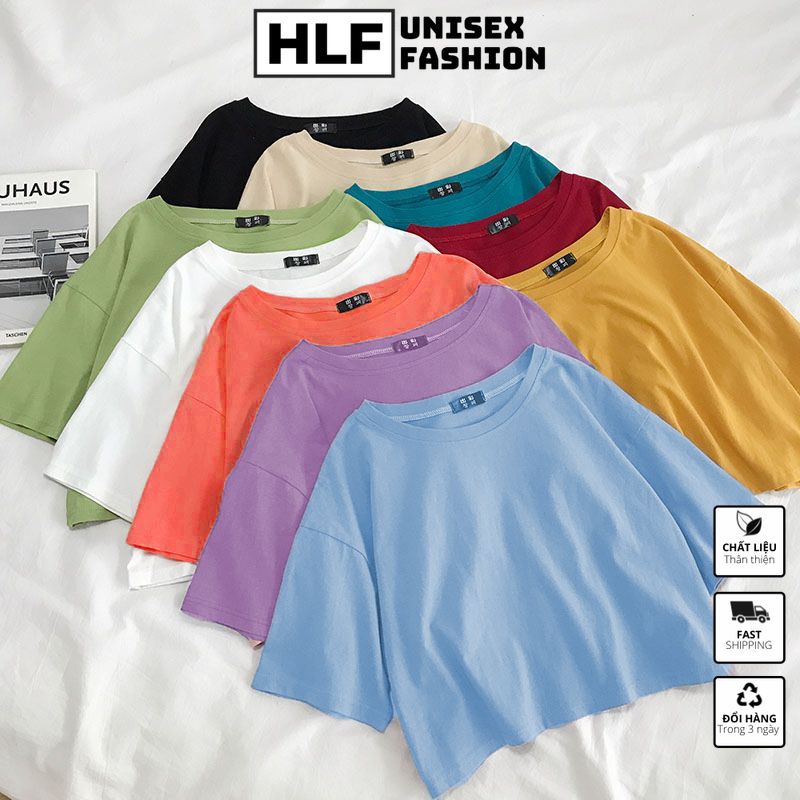 Áo Croptop Baby Tee Tay Lỡ Nữ Cổ Tròn Màu Trơn, Áo Thun Nữ Hlfashion