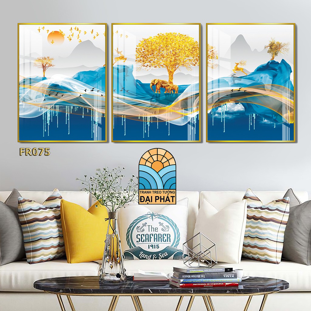 Bộ 3 tranh treo tường tone vàng kim tiền phong thủy treo tết